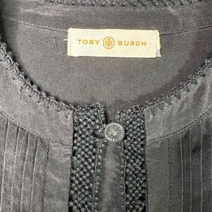 Tory Burch Silk Blouse w/ Crochet Detail & Pintucks – Black – Long Sleeve
